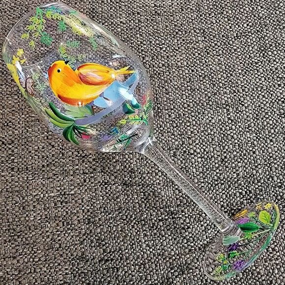 Pair (2) Tall 9" Painted #Wine Glasses #Tropical Birds Butterflies Leaves #NWOT - Picture 8 of 9